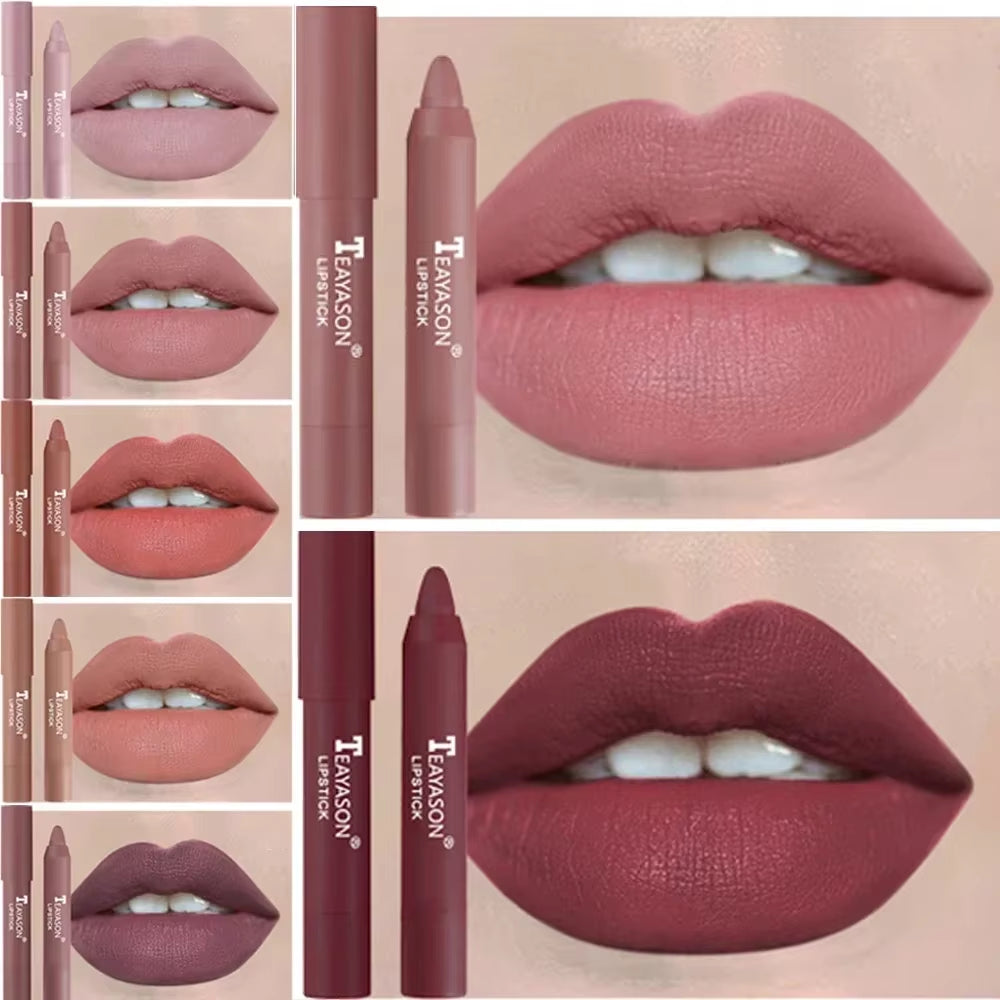 12-Color Natural Matte Lipstick Pencil - Waterproof Silk Lip Glaze for Long-Lasting, Non-Stick Cup Lip Tint