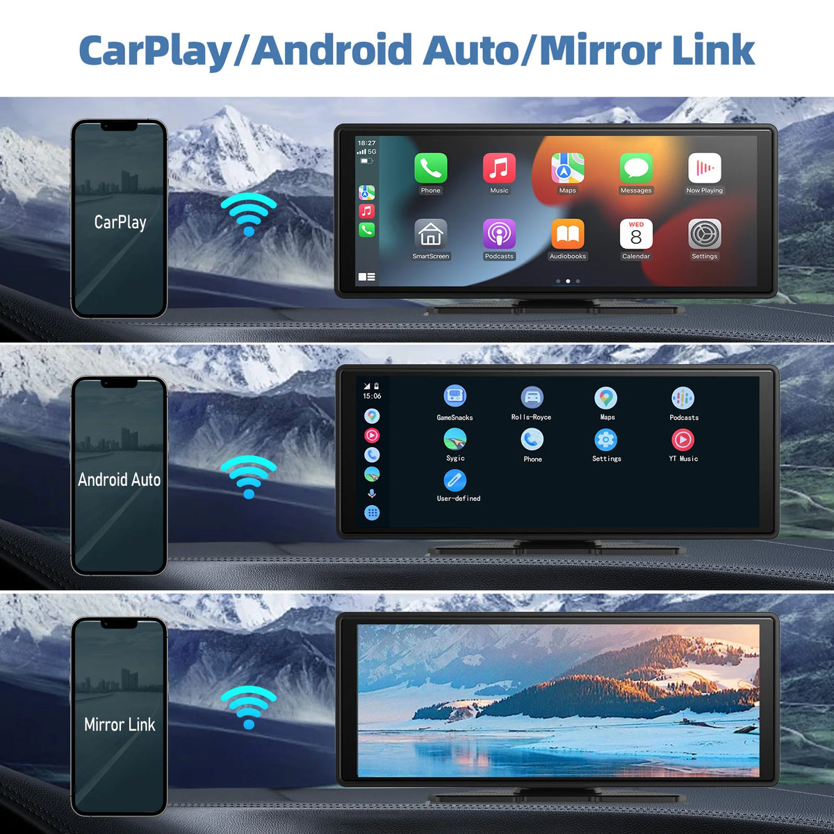 Universal Wireless CarPlay and Android Auto Touchscreen Display for Vehicles