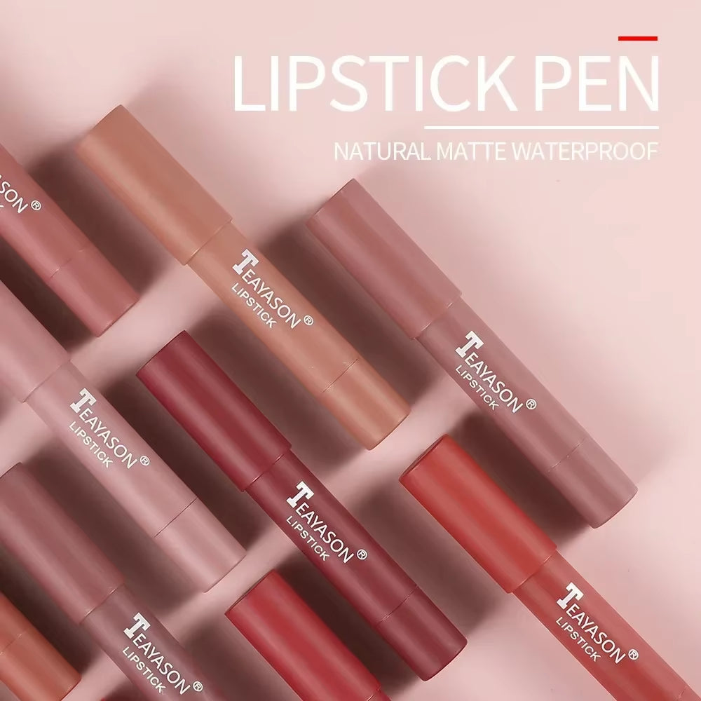 12-Color Natural Matte Lipstick Pencil - Waterproof Silk Lip Glaze for Long-Lasting, Non-Stick Cup Lip Tint