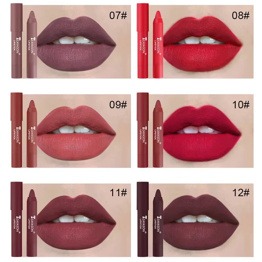 12-Color Natural Matte Lipstick Pencil - Waterproof Silk Lip Glaze for Long-Lasting, Non-Stick Cup Lip Tint