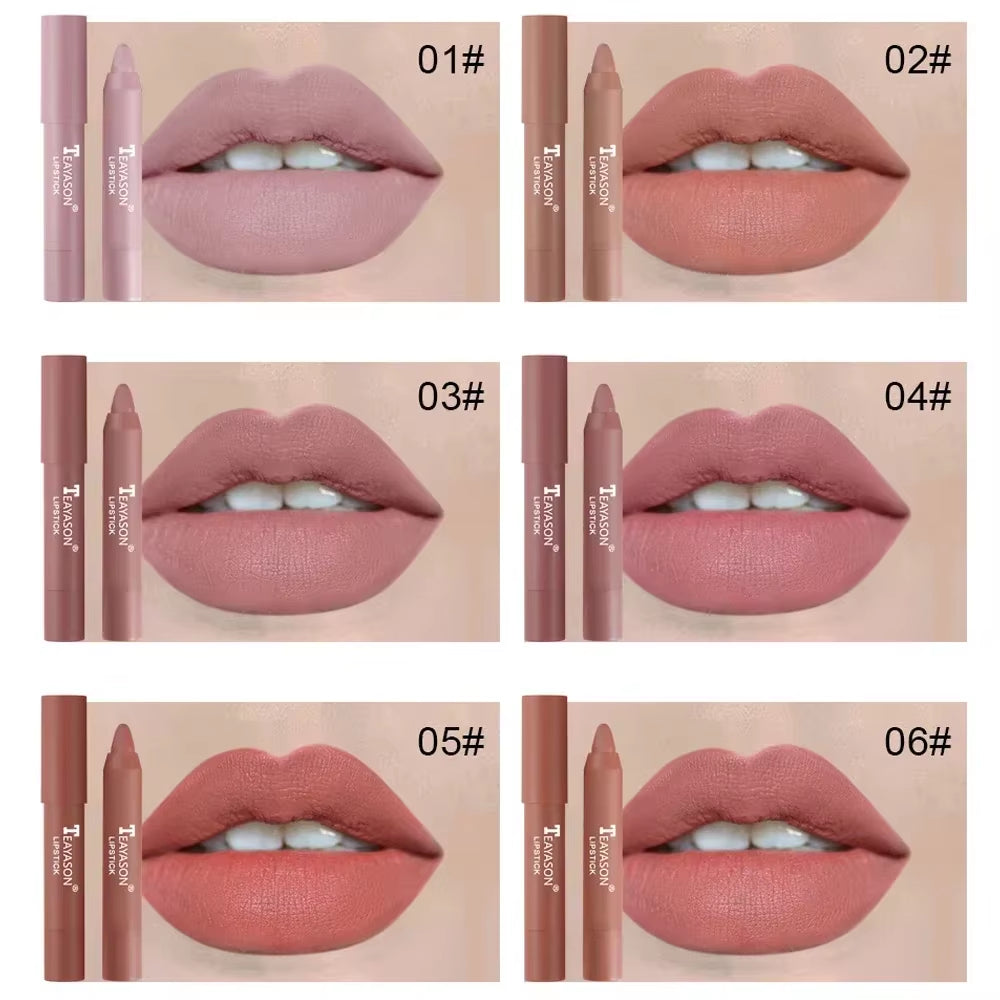 12-Color Natural Matte Lipstick Pencil - Waterproof Silk Lip Glaze for Long-Lasting, Non-Stick Cup Lip Tint